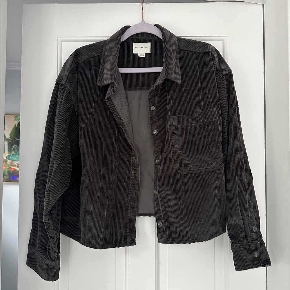 American Eagle Dark Gray Corduroy Fall Lightweight Shacket in Size Large